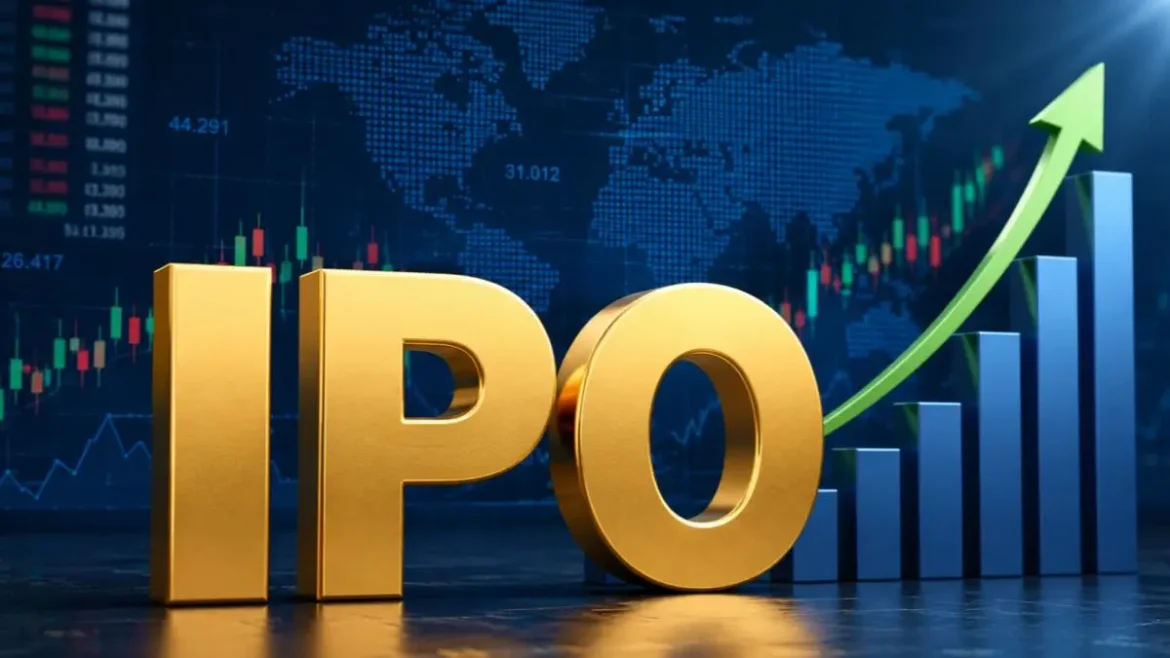 Gold IPO text in front of a rising bar chart and world map background, signaling stock market growth